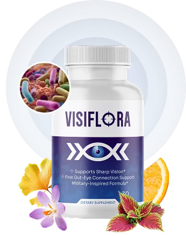 VisiFlora bottle with natural ingredients including ginkgo, saffron, marigold and gut probiotics